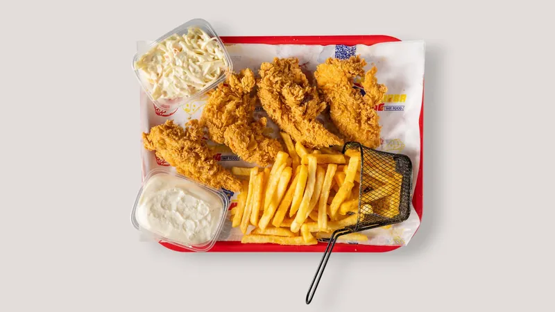 Chicken goujons with chips and coleslaw